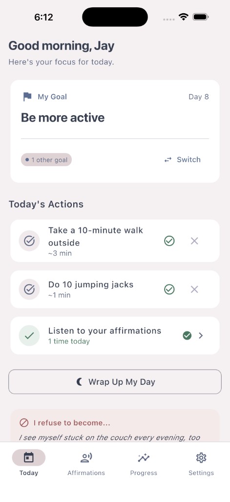 Lavya AI — Today screen showing goal and daily actions